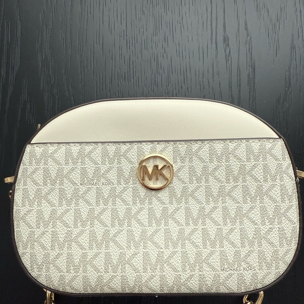 Michael Kors Cream and Gold Crossbody Bag with Monogram Print